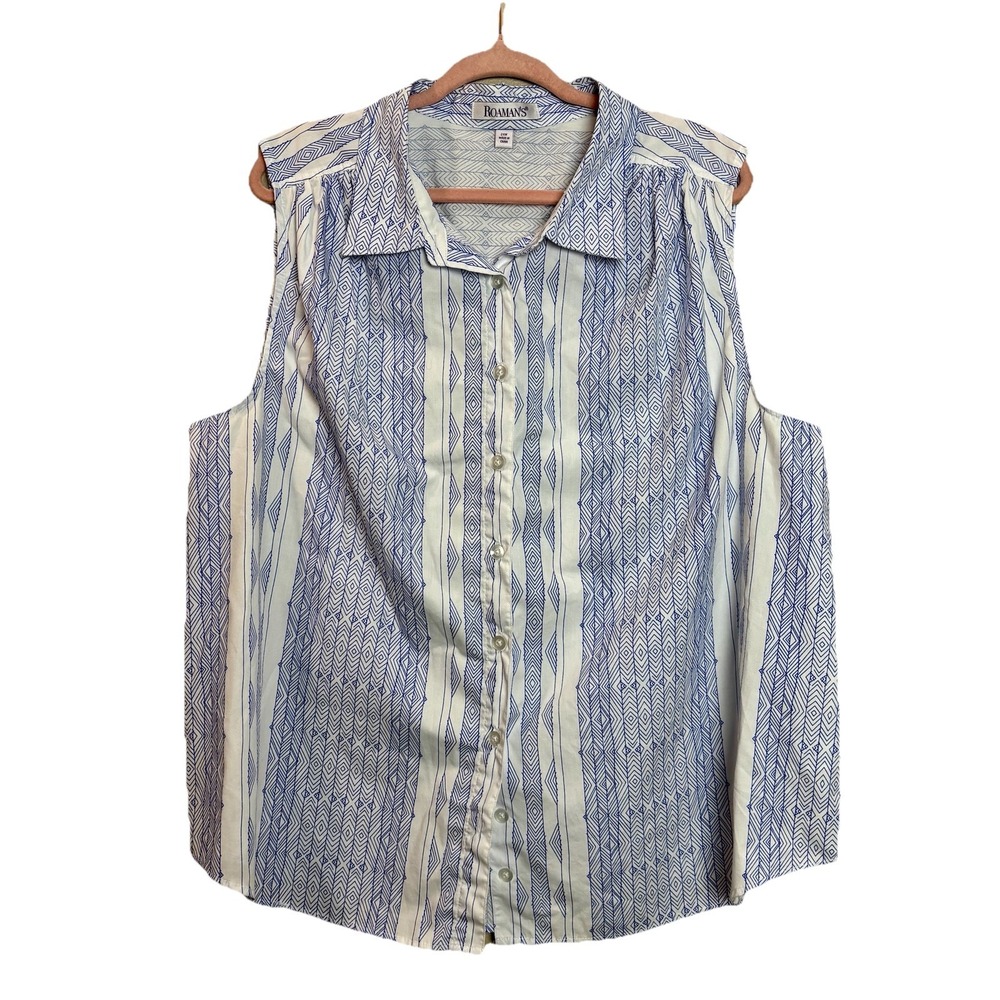 Roman's Top Womens 24W Blue & White Diamond Print Button‎ Up Sleeveless Plus